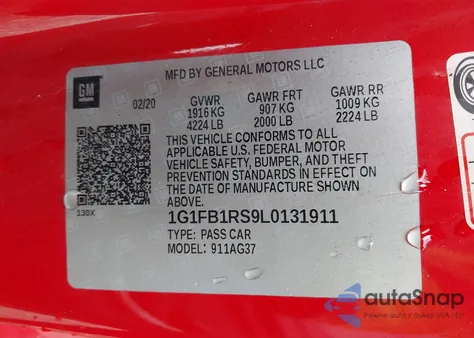 2020 Chevrolet Camaro Rwd 1Lt z USA, uszkodzony, nr VIN 1G1FB1RS9L0131911